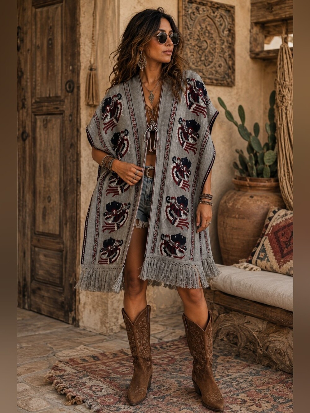 Vintage 70s Cuauhtemoc Aztec Warrior Knit Fringe Poncho Cape Gray One Size